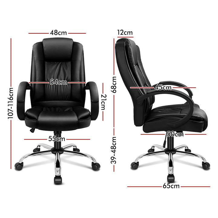 Ergonomic high-back leather office chair in black with adjustable features and padded armrests, ideal for comfort at work.