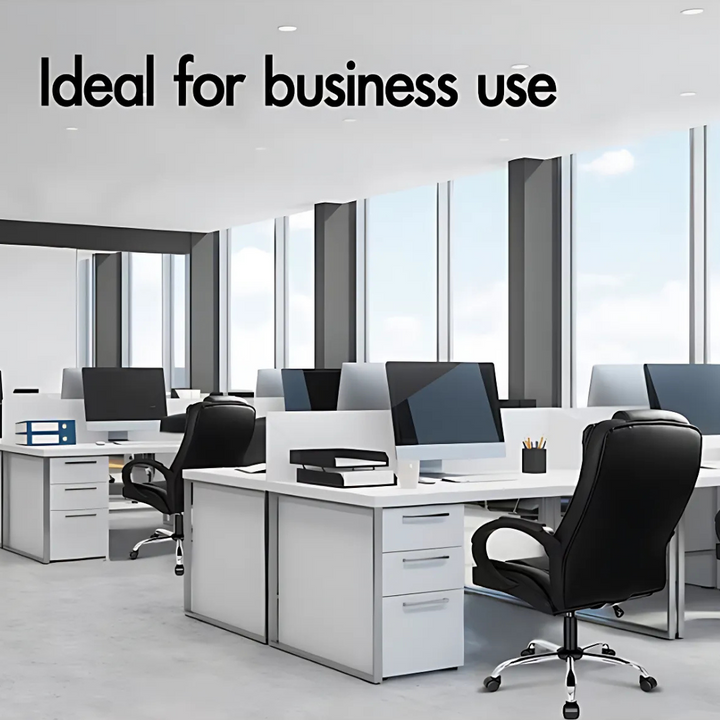 Ergonomic high-back leather office chair in black with adjustable features and padded armrests, ideal for comfort at work.