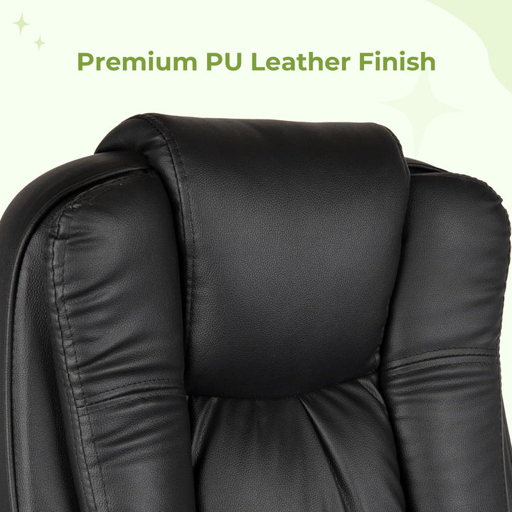 Ergonomic high-back leather office chair in black with adjustable features and padded armrests, ideal for comfort at work.