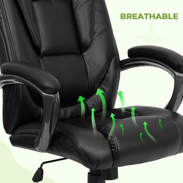 Ergonomic high-back leather office chair in black with adjustable features and padded armrests, ideal for comfort at work.