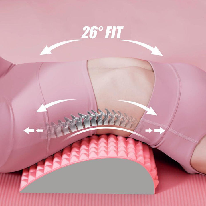 "Ergonomic lumbar back stretcher for pain relief, durable EVA foam, soft massage nodes, blue, ideal for posture correction."