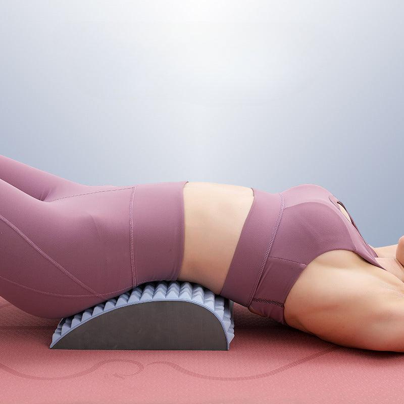 "Ergonomic lumbar back stretcher for pain relief, durable EVA foam, soft massage nodes, blue, ideal for posture correction."