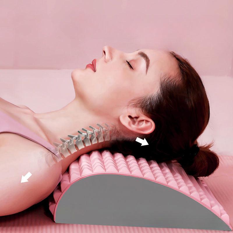 "Ergonomic lumbar back stretcher for pain relief, durable EVA foam, soft massage nodes, blue, ideal for posture correction."