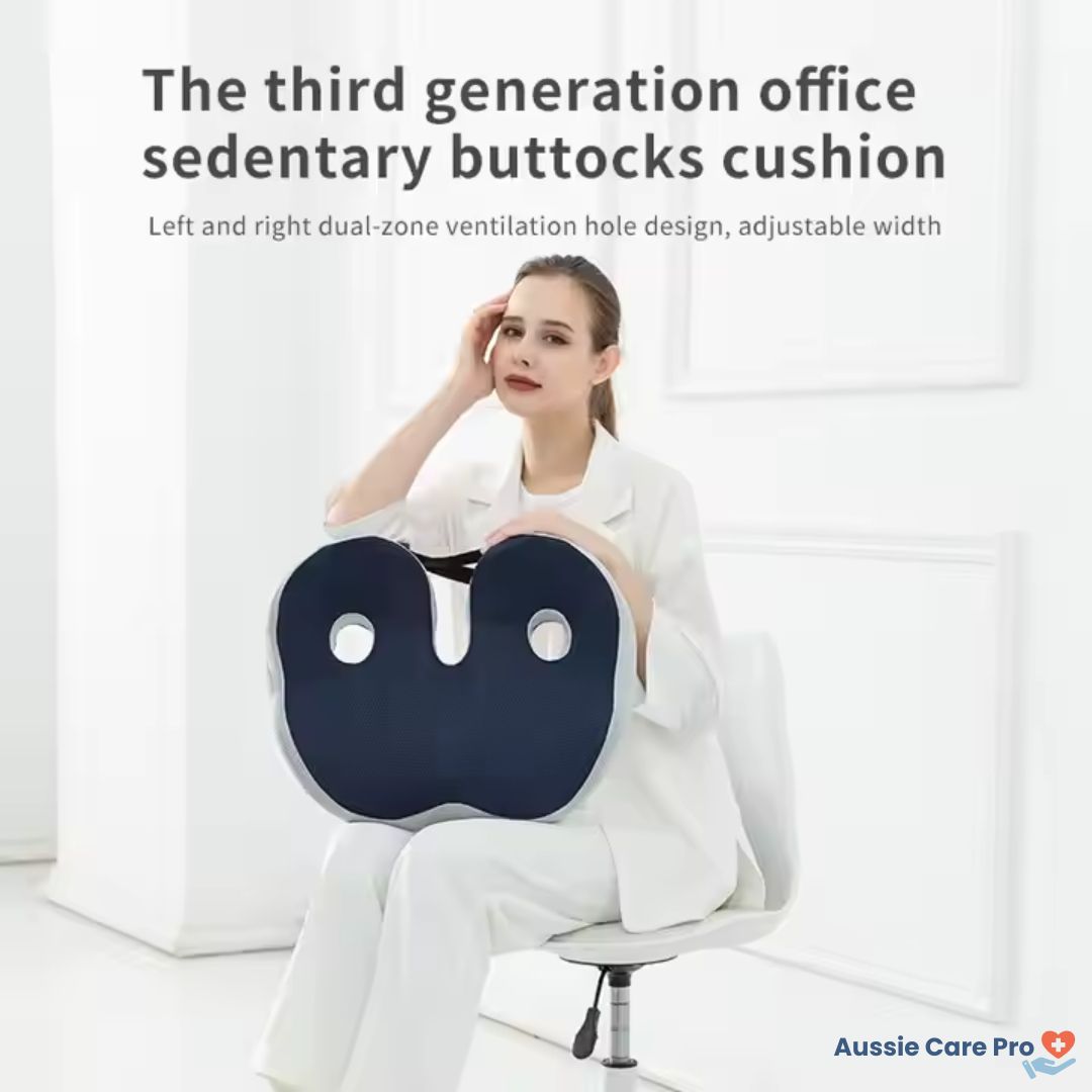 "Ergonomic memory foam sit bone relief cushion for office or car, contoured for tailbone support, adjustable firmness."
