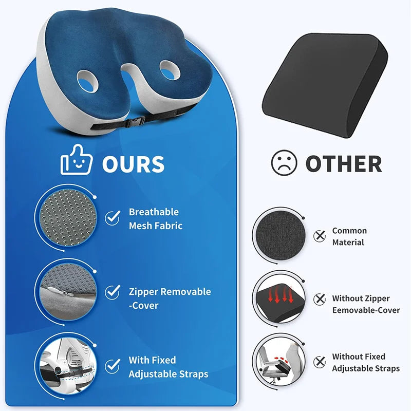 "Ergonomic memory foam sit bone relief cushion for office or car, contoured for tailbone support, adjustable firmness."