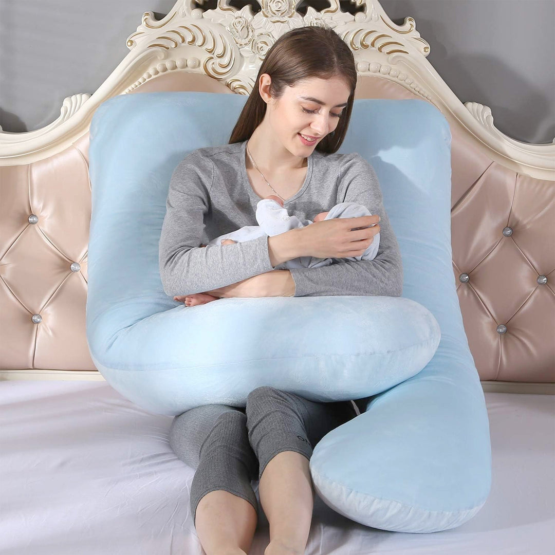 "Ergonomic pregnancy pillow for women, supports back and hips, vibrant colors, ideal for sleeping, reading, nursing."