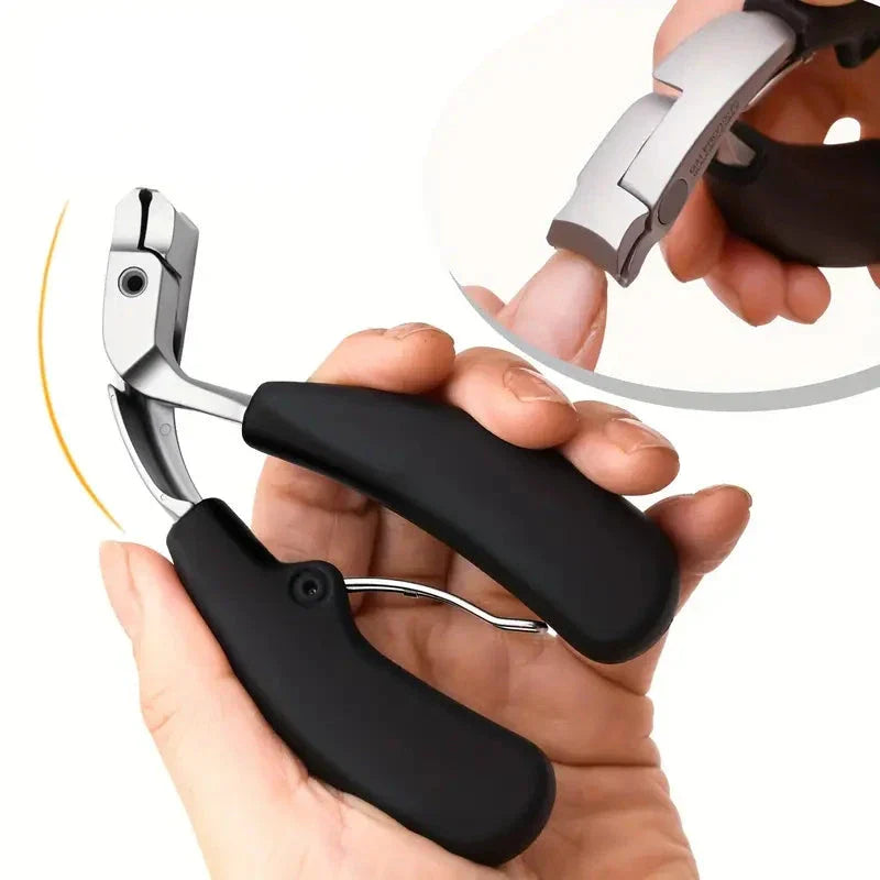 Ergonomic stainless steel nail clipper with matte black finish, precision blades, and non-slip grip for precise nail grooming