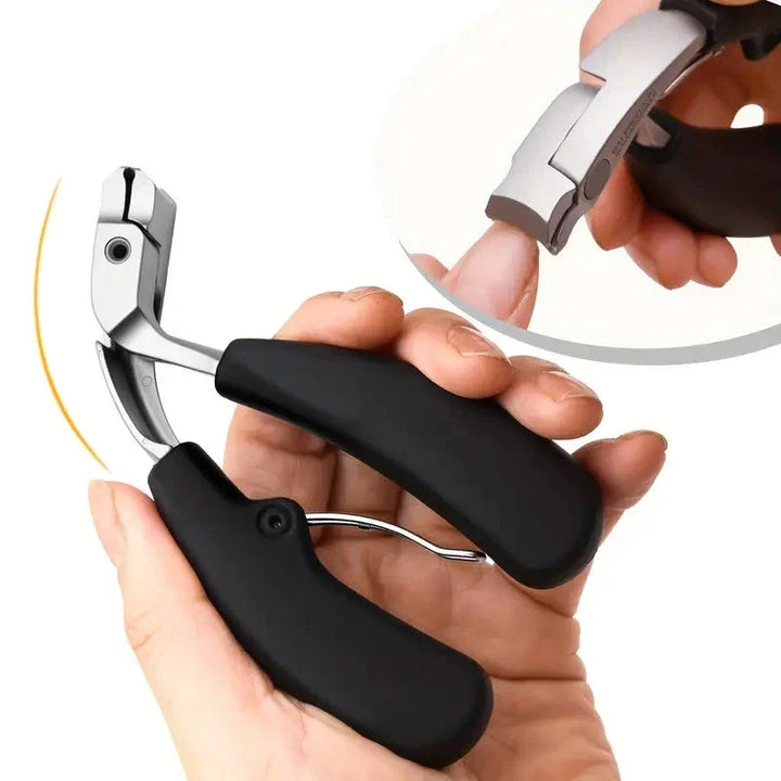 Ergonomic stainless steel nail clipper with matte black finish, precision blades, and non-slip grip for precise nail grooming