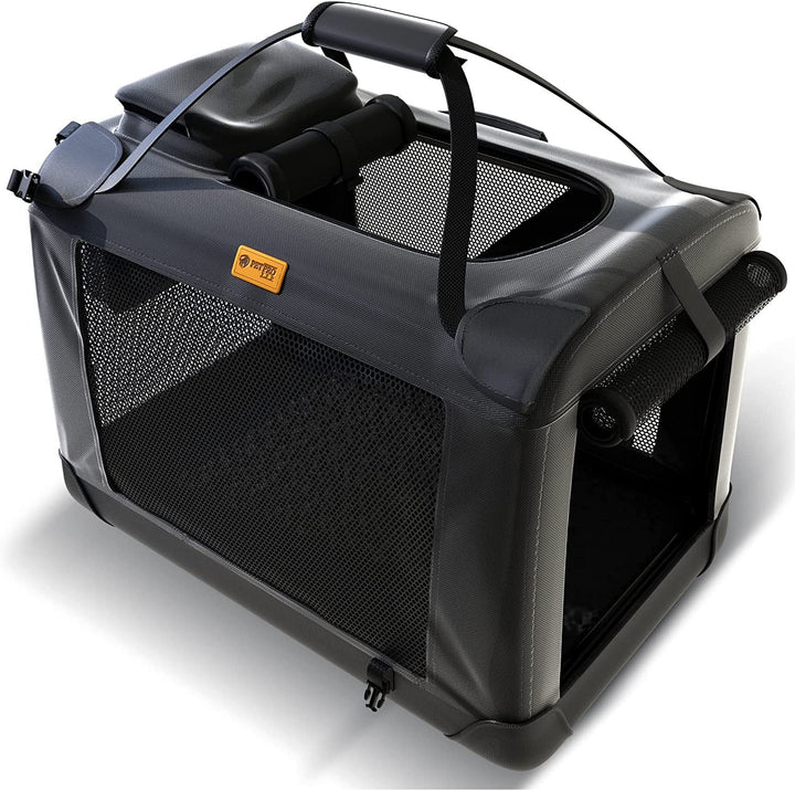 "Foldable dog carrier with breathable mesh windows, lightweight, easy access zip doors, rugged material, ideal for travel."