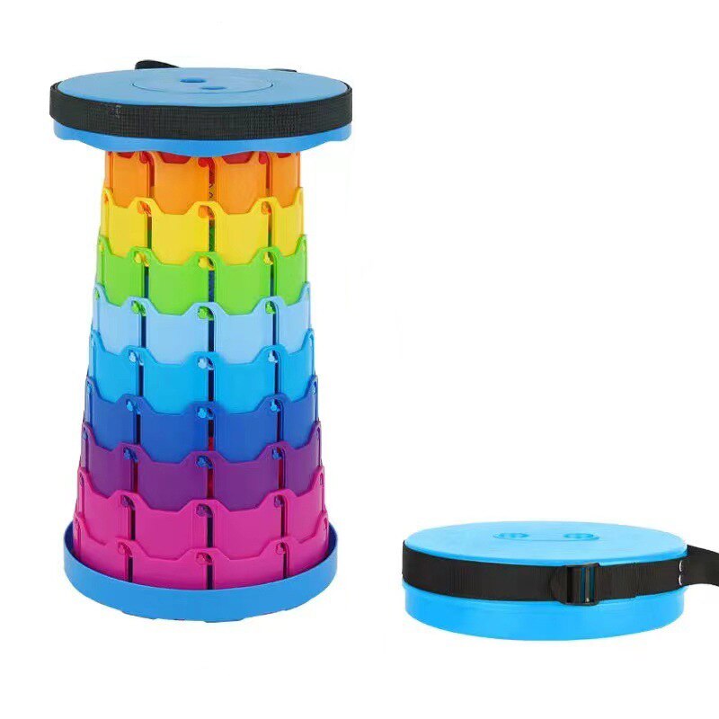 "Foldable portable stool for camping, collapsible design, adjustable height, lightweight, anti-slip base, multi-color options