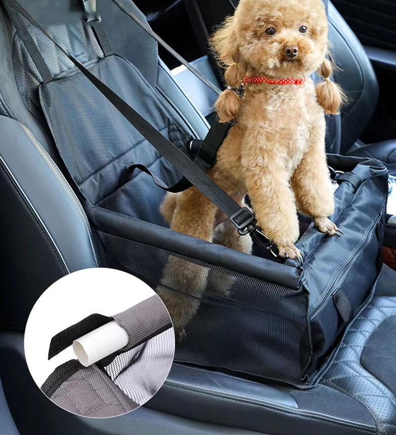 "Foldable waterproof dog car seat with safety belt, durable fabric, fits any vehicle, ensures pet comfort and travel safety."
