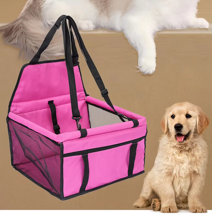"Foldable waterproof dog car seat with safety belt, durable fabric, fits any vehicle, ensures pet comfort and travel safety."