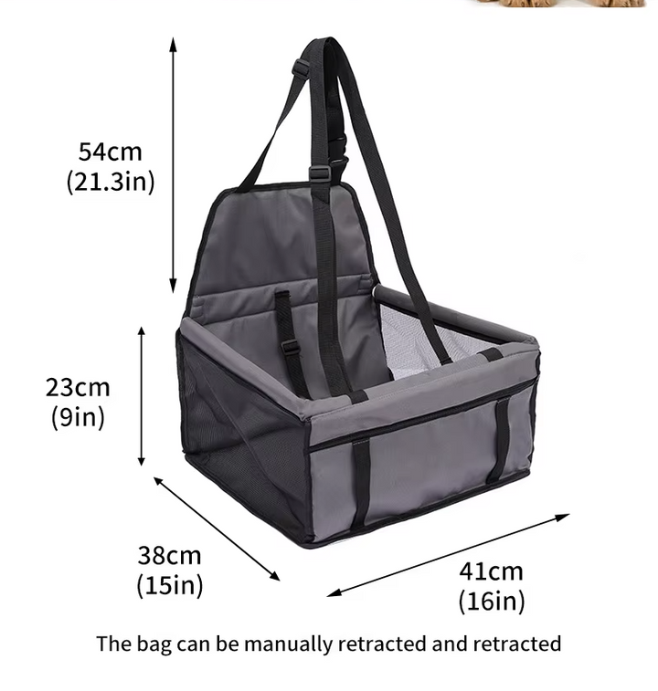 "Foldable waterproof dog car seat with safety belt, durable fabric, fits any vehicle, ensures pet comfort and travel safety."