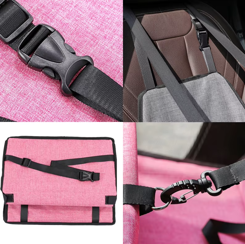 "Foldable waterproof dog car seat with safety belt, durable fabric, fits any vehicle, ensures pet comfort and travel safety."
