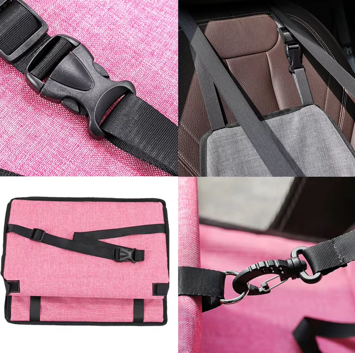 "Foldable waterproof dog car seat with safety belt, durable fabric, fits any vehicle, ensures pet comfort and travel safety."