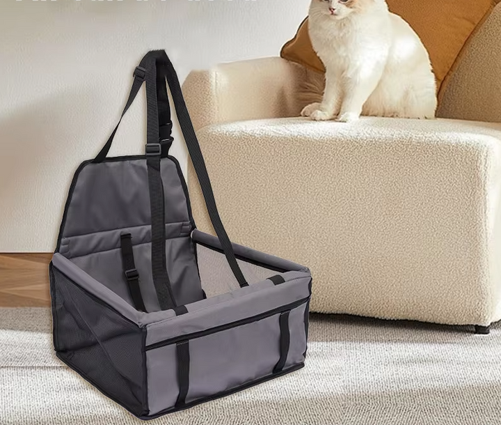 "Foldable waterproof dog car seat with safety belt, durable fabric, fits any vehicle, ensures pet comfort and travel safety."