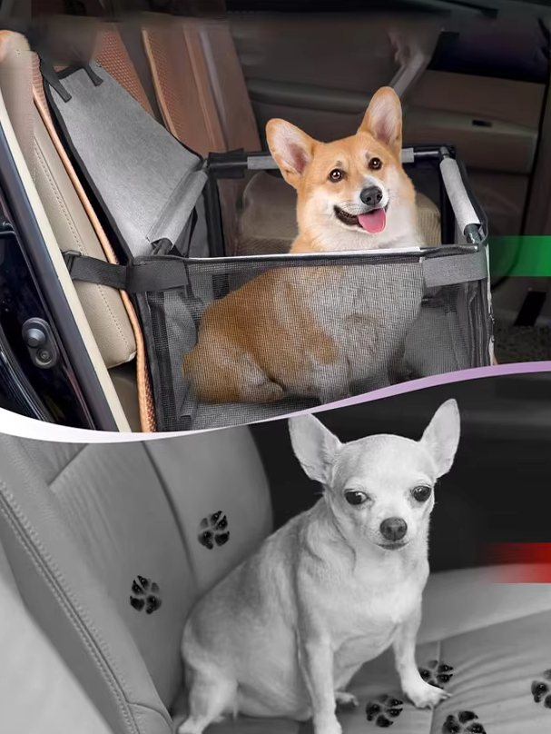 "Foldable waterproof dog car seat with safety belt, durable fabric, fits any vehicle, ensures pet comfort and travel safety."