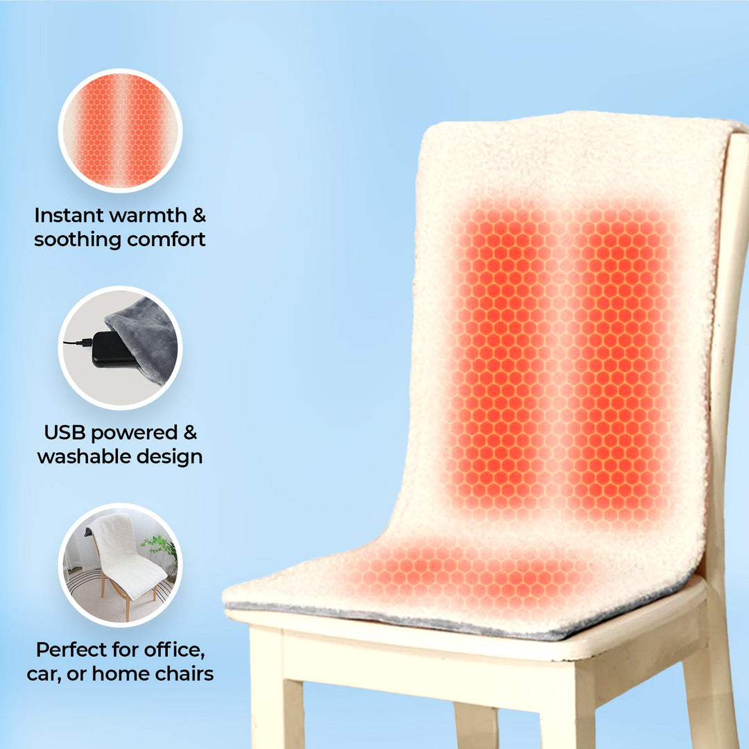 "Grey and pink flannel heated seat cushion, cozy and stylish, perfect for home, office, or travel comfort and warmth."