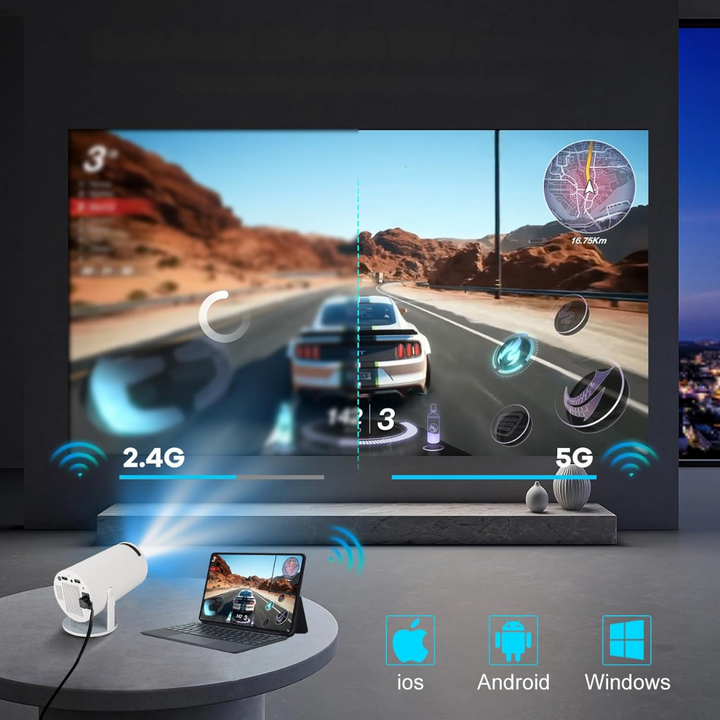 "HD Smart 4K Projector with Bluetooth, showing 130-inch vibrant display, suitable for home theater setup and presentations."