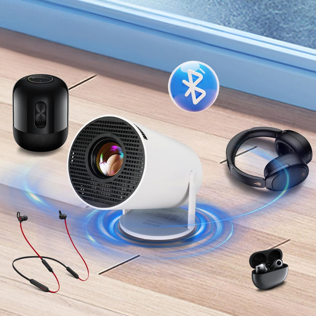 "HD Smart 4K Projector with Bluetooth, showing 130-inch vibrant display, suitable for home theater setup and presentations."
