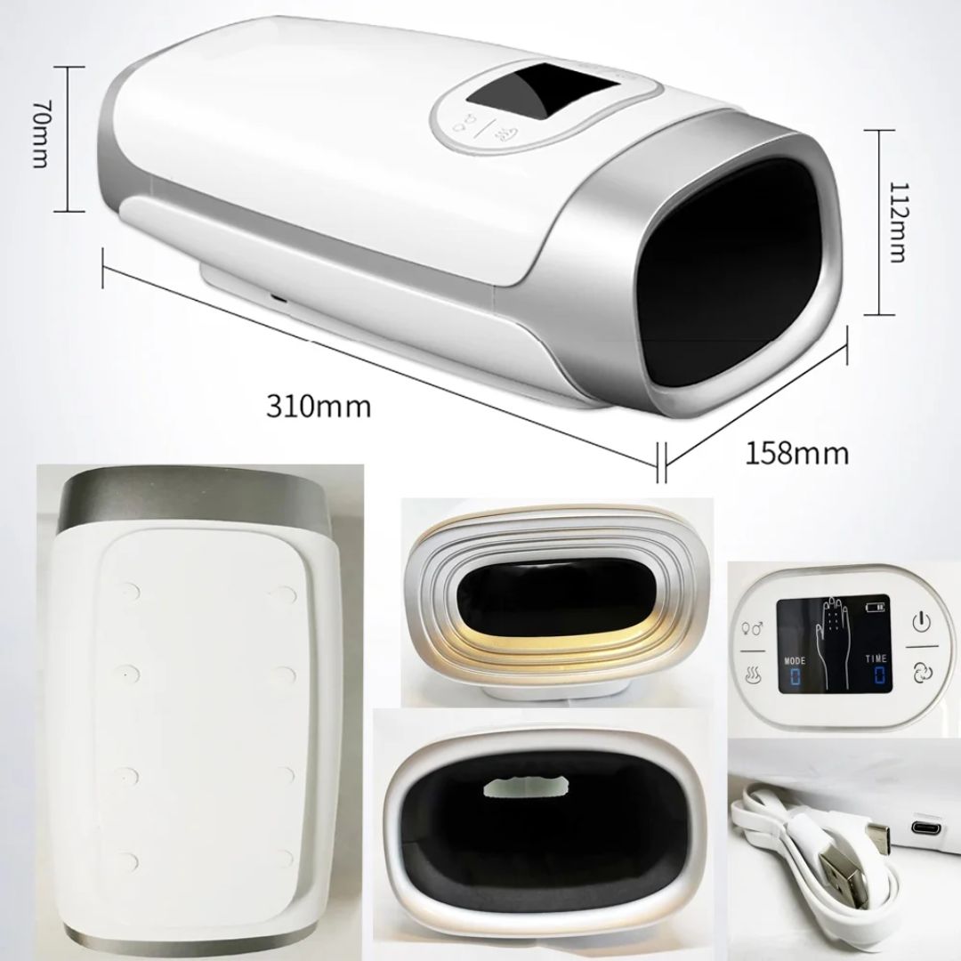 "Hand massager with heat and compression, beige, offers versatile relief with acupressure for hand wellness and relaxation."