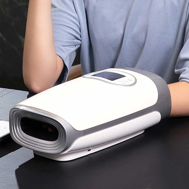 "Hand massager with heat and compression, beige, offers versatile relief with acupressure for hand wellness and relaxation."