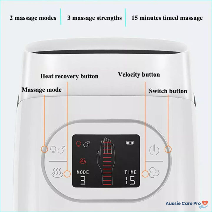 "Hand massager with heat and compression, beige, offers versatile relief with acupressure for hand wellness and relaxation."