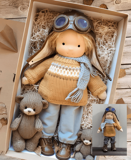 Handmade Waldorf Cuddle Doll Poppi, natural soft toy in earthy tones, crafted from hypoallergenic cotton, ideal for kids.