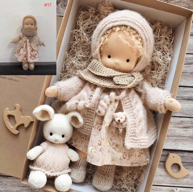 Handmade Waldorf Cuddle Doll Poppi, natural soft toy in earthy tones, crafted from hypoallergenic cotton, ideal for kids.