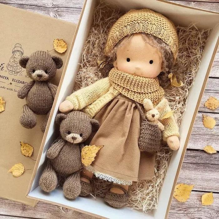 Handmade Waldorf Cuddle Doll Poppi, natural soft toy in earthy tones, crafted from hypoallergenic cotton, ideal for kids.
