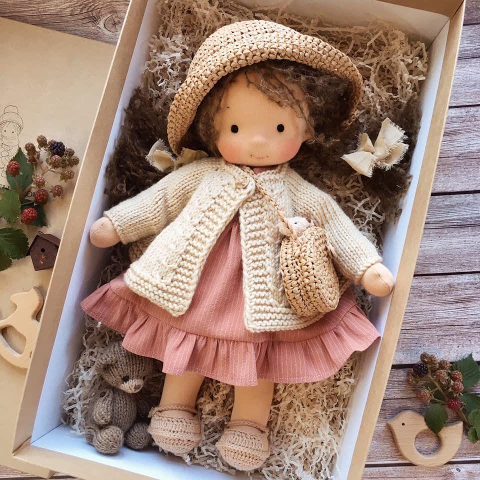 Handmade Waldorf Cuddle Doll Poppi, natural soft toy in earthy tones, crafted from hypoallergenic cotton, ideal for kids.