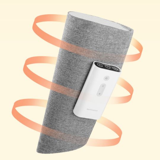 "Heated leg massager wraps around calves and ankles, shown in use. Provides soothing heat and customizable massage for relaxa