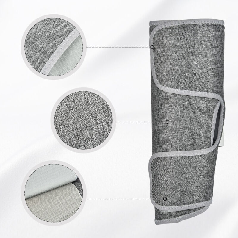 "Heated leg massager wraps around calves and ankles, shown in use. Provides soothing heat and customizable massage for relaxa
