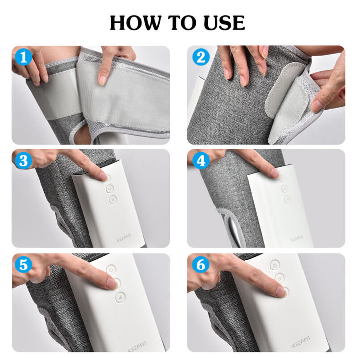 "Heated leg massager wraps around calves and ankles, shown in use. Provides soothing heat and customizable massage for relaxa