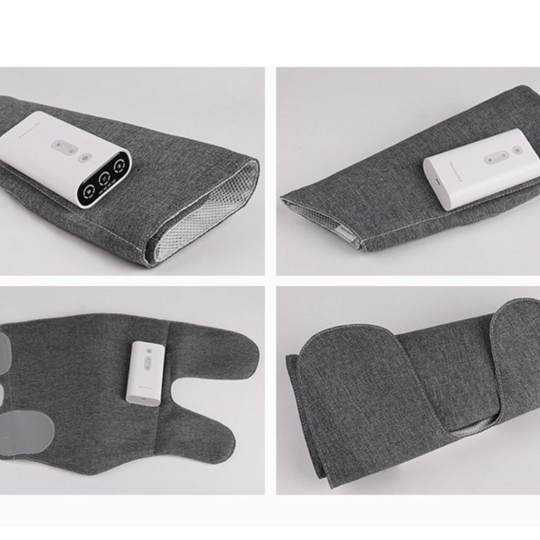 "Heated leg massager wraps around calves and ankles, shown in use. Provides soothing heat and customizable massage for relaxa