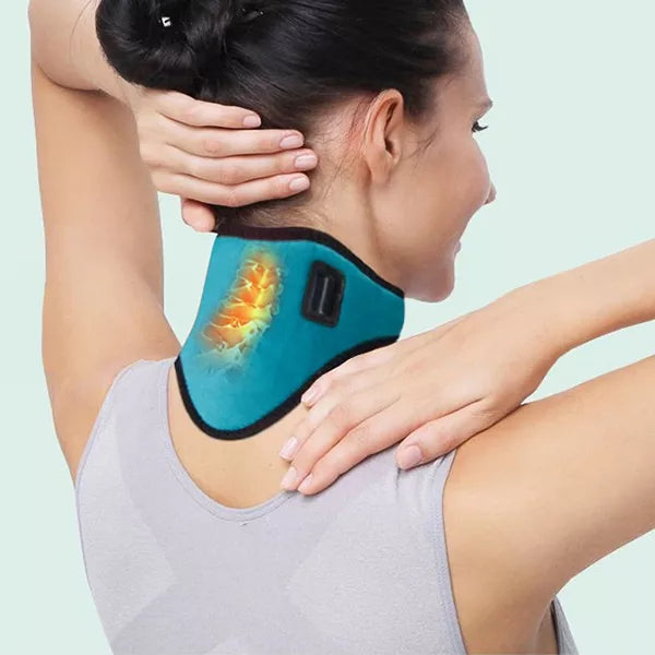 Heated neck wrap in ultra-soft fabric, offering adjustable heat therapy for men and women to ease neck and shoulder tension.