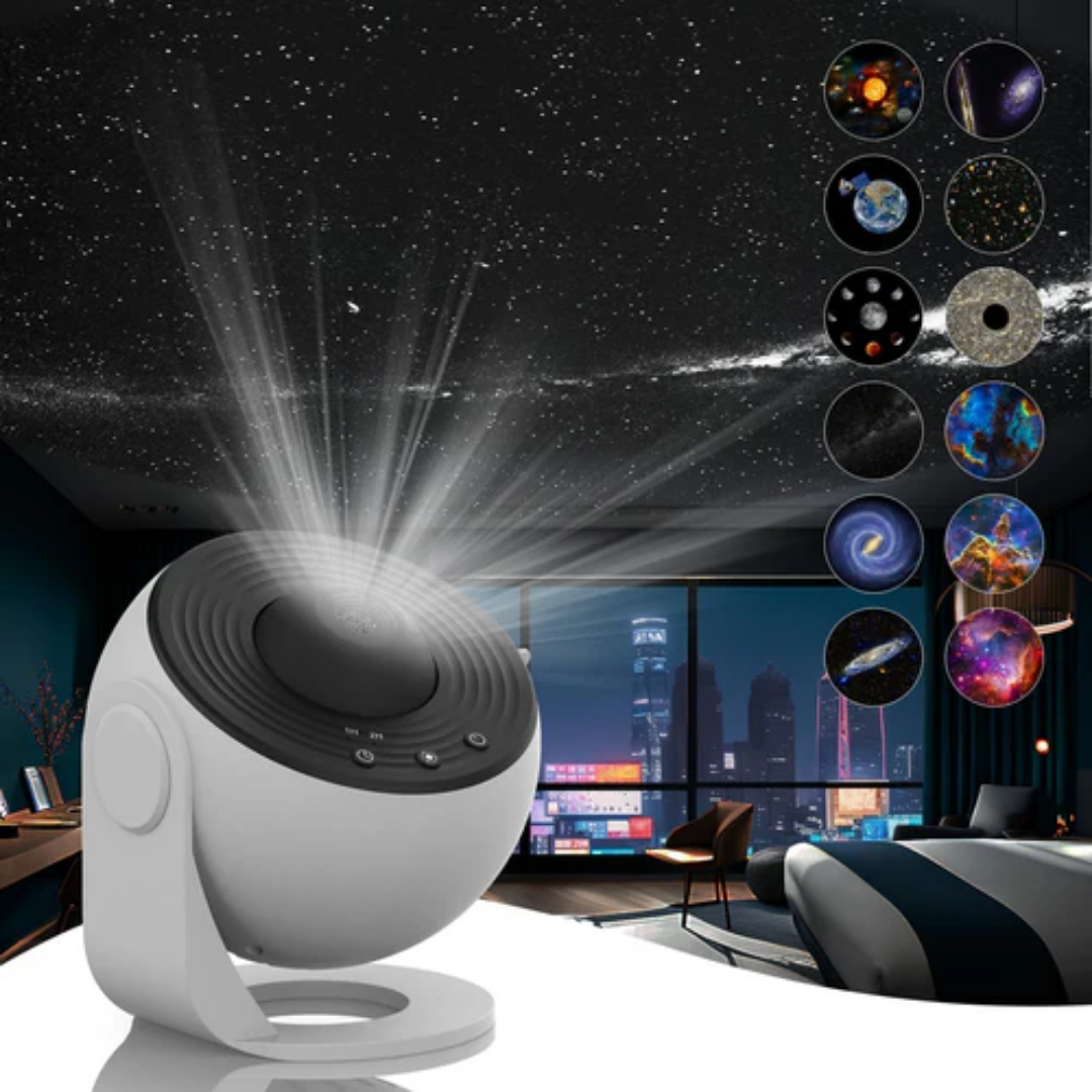 "Home Galaxy Projector displaying colorful starry night with 360° rotation for full-room relaxation ambiance."