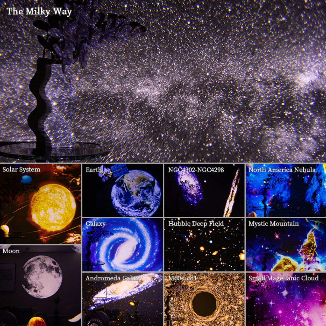 "Home Galaxy Projector displaying colorful starry night with 360° rotation for full-room relaxation ambiance."