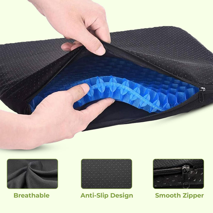 "Honeycomb gel seat cushion with cover, blue ergonomic design, enhances chair comfort at home or office."