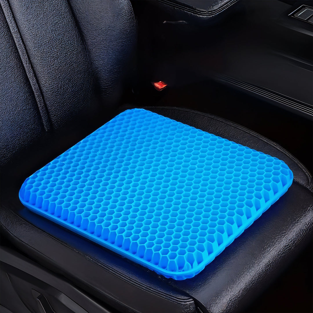 "Honeycomb gel seat cushion with cover, blue ergonomic design, enhances chair comfort at home or office."