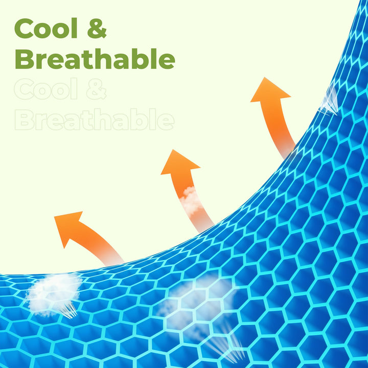 "Honeycomb gel seat cushion with cover, blue ergonomic design, enhances chair comfort at home or office."