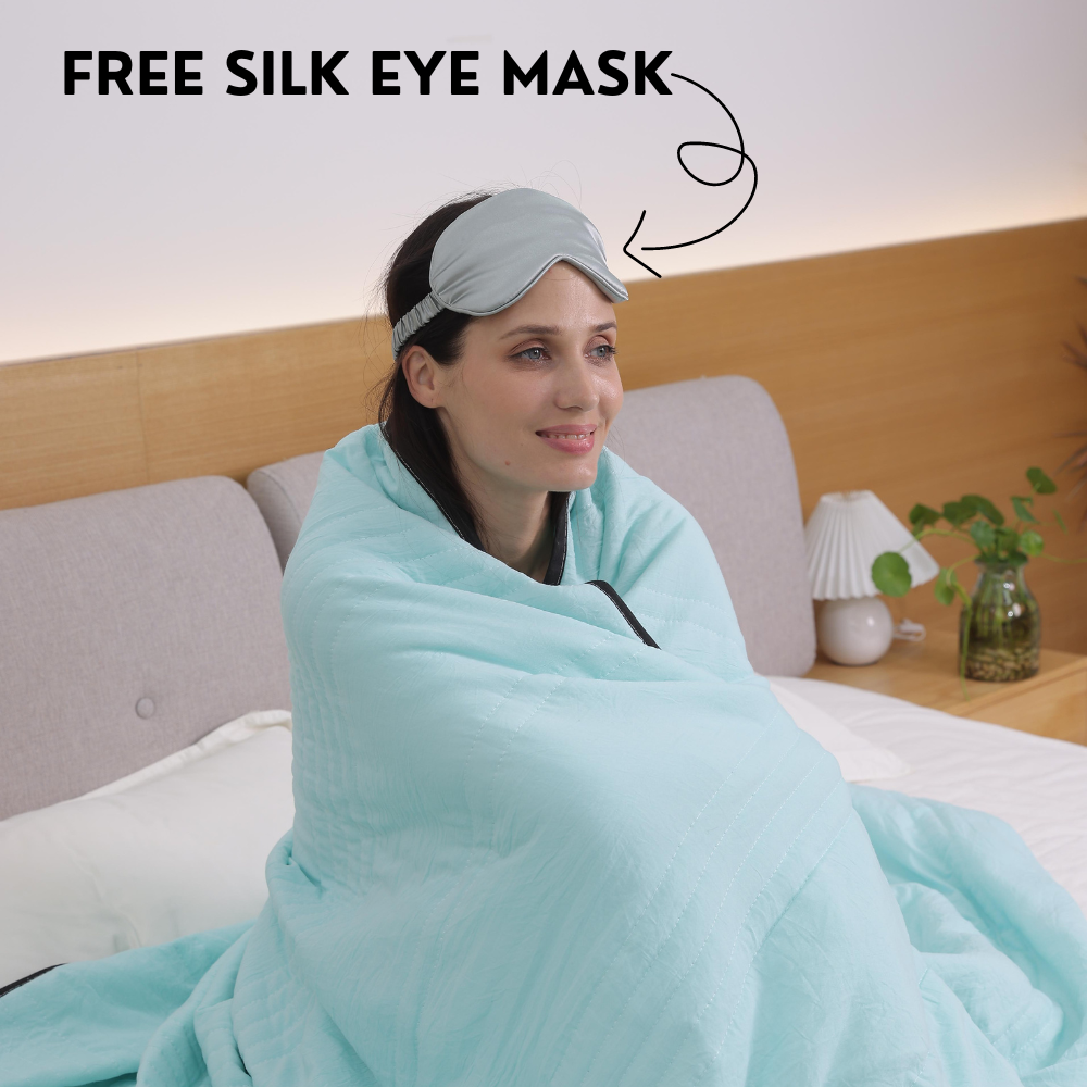 "Ice Cooling Blanket, breathable, moisture-wicking, in soothing blue, green, pink, grey colors, for comfortable sleep."
