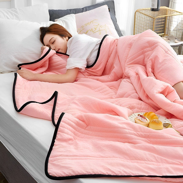 "Ice Cooling Blanket, breathable, moisture-wicking, in soothing blue, green, pink, grey colors, for comfortable sleep."