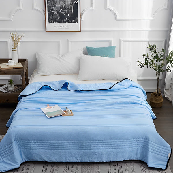 "Ice Cooling Blanket, breathable, moisture-wicking, in soothing blue, green, pink, grey colors, for comfortable sleep."