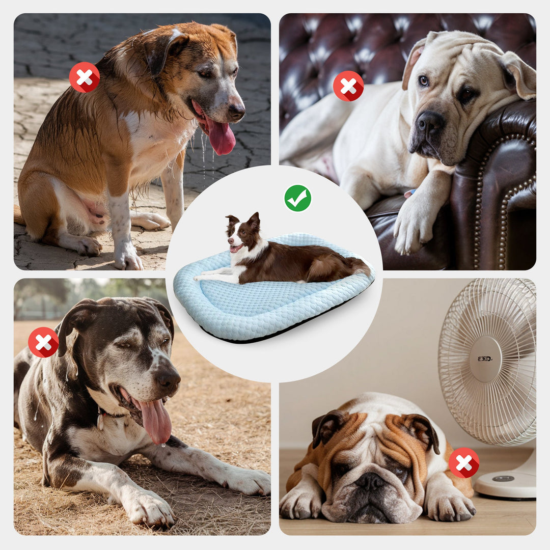 "Ice-silk cooling pet bed, soft blue with smooth texture, ideal for hot weather. Comfortable, breathable, and pet-friendly."