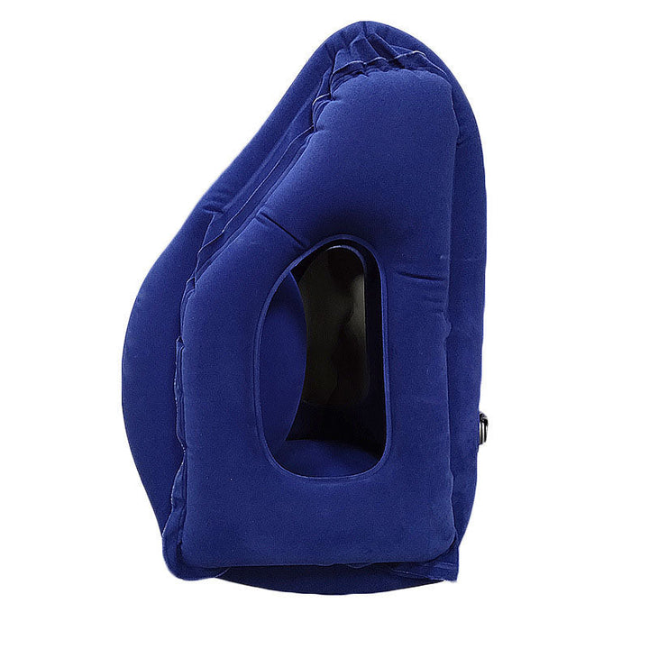 "Inflatable neck support travel pillow in gray, showcasing ergonomic design, skin-friendly material, and compact form."