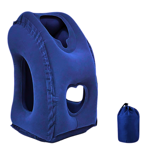 "Inflatable neck support travel pillow in gray, showcasing ergonomic design, skin-friendly material, and compact form."
