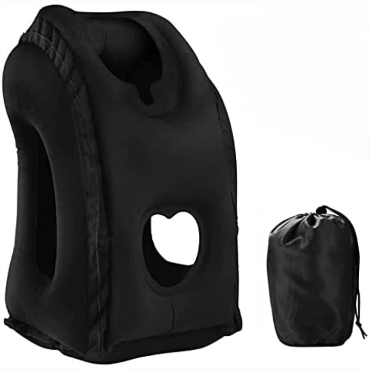 "Inflatable neck support travel pillow in gray, showcasing ergonomic design, skin-friendly material, and compact form."
