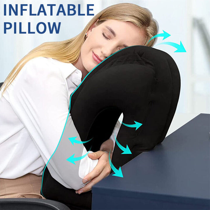 "Inflatable neck support travel pillow in gray, showcasing ergonomic design, skin-friendly material, and compact form."