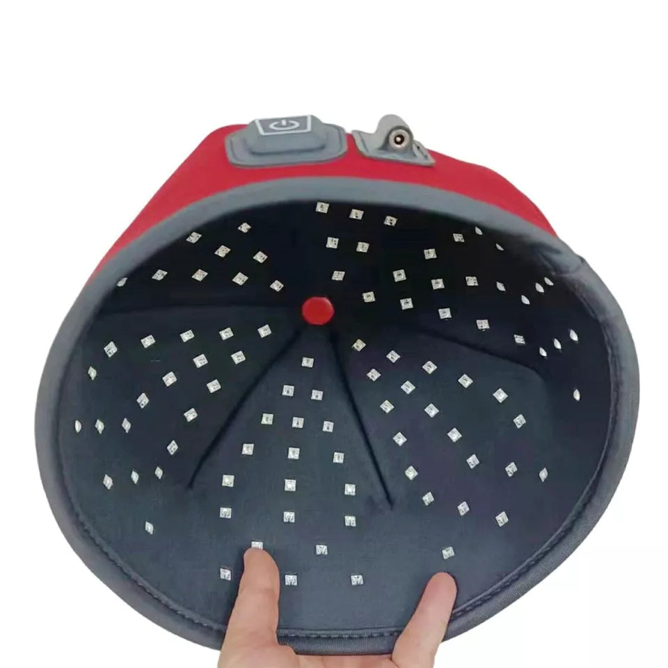 "Infrared phototherapy cap for hair growth, showing sleek design with 120 LEDs for scalp health, lightweight and ergonomic."